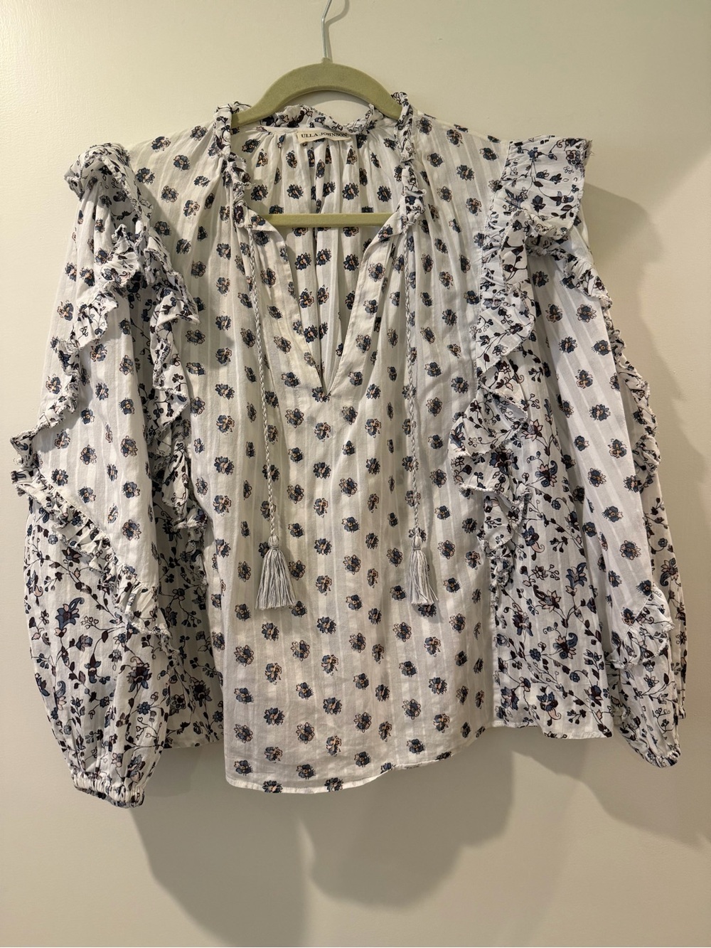 Ulla Johnson Kati White Blouse Navy Floral Print and Tassel Tie Small